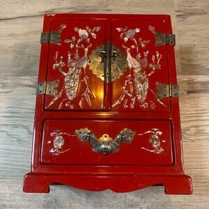Vintage Chinese Lacquered Jewelry Box with Carved Stone Peacock Detail